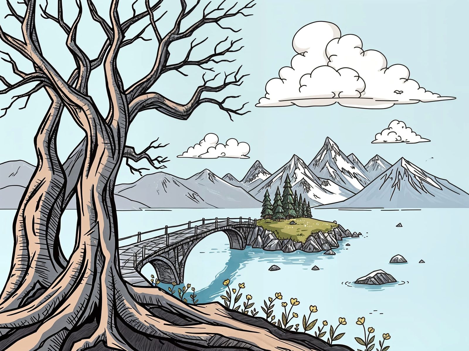 Doodle Style Fantasy Landscape Illustration