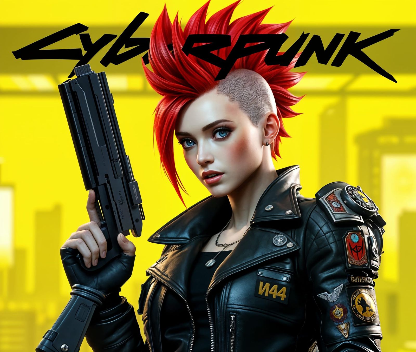 Cyberpunk Female Figure in Red Mohawk and Leather Jacket