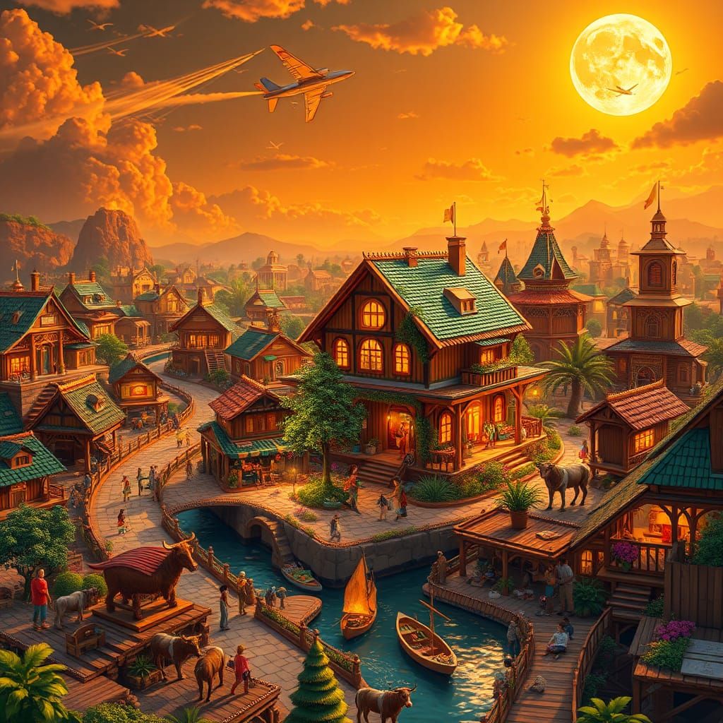 Matchstick Metropolis with Golden Moon, Digital Art