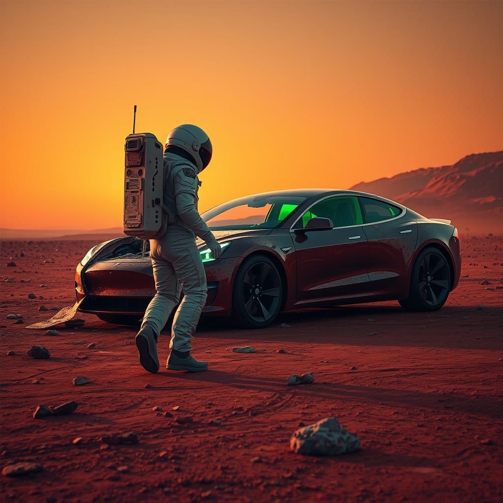 Astronaut Discovers Abandoned Tesla on Mars
