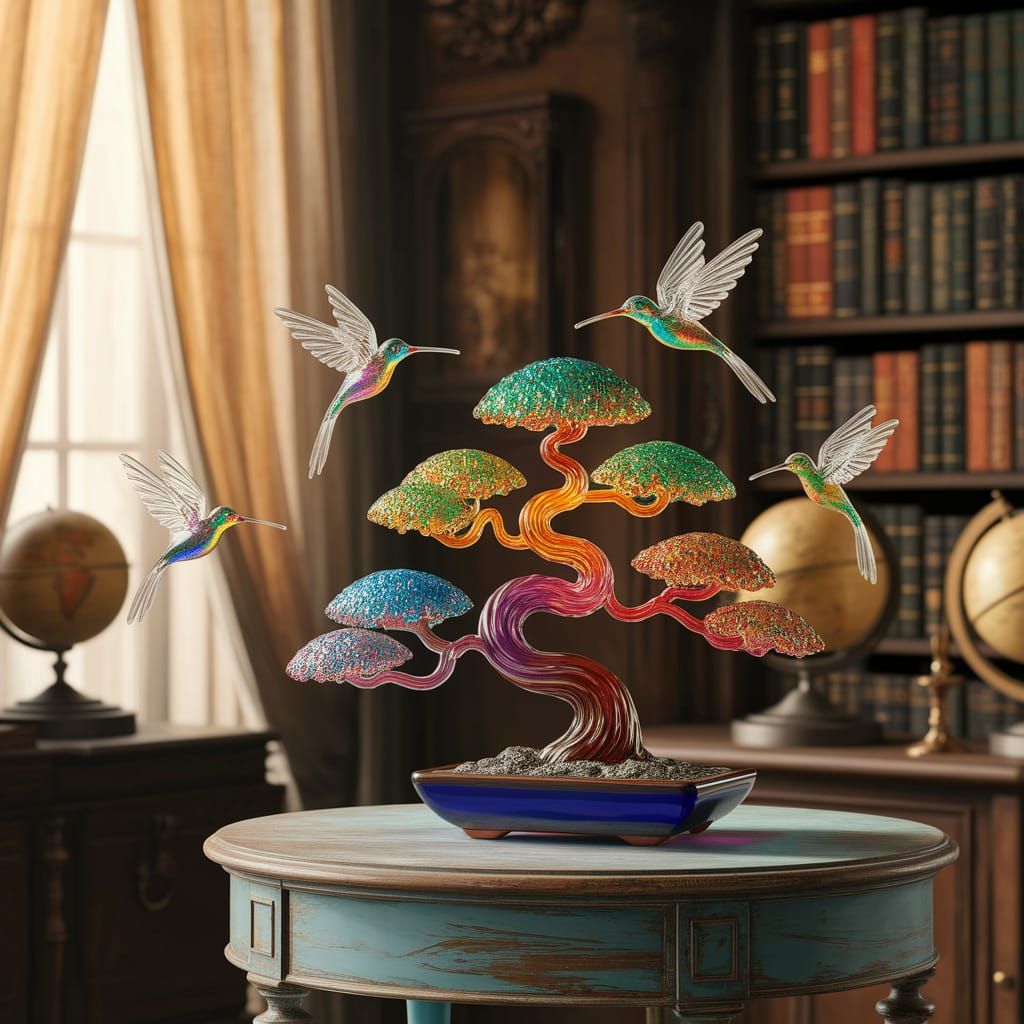 Glass Hummingbirds Dancing Around Bonsai Tree