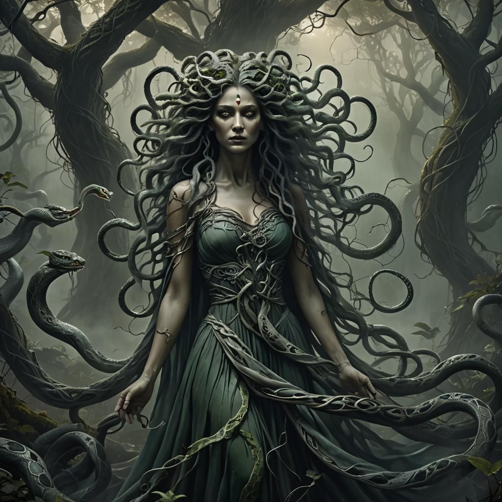 Mystical Medusa in Moonlit Forest: Dark Fantasy Art