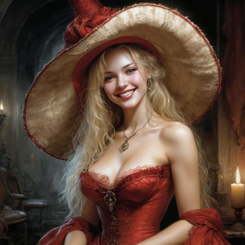 Victorian Blonde in Red Dress: Detailed Anime Style