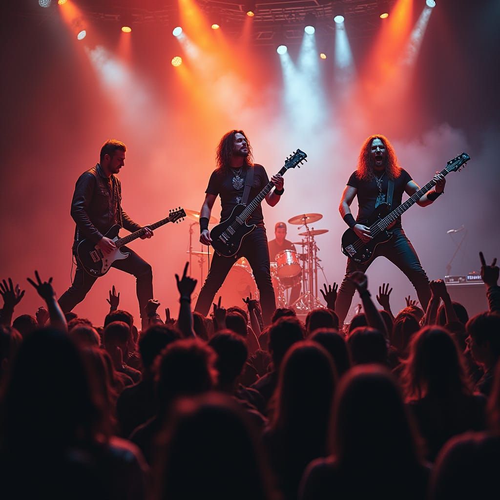 Rock Band Icons Emerge in a Smoky, Vibrant Stage Scene