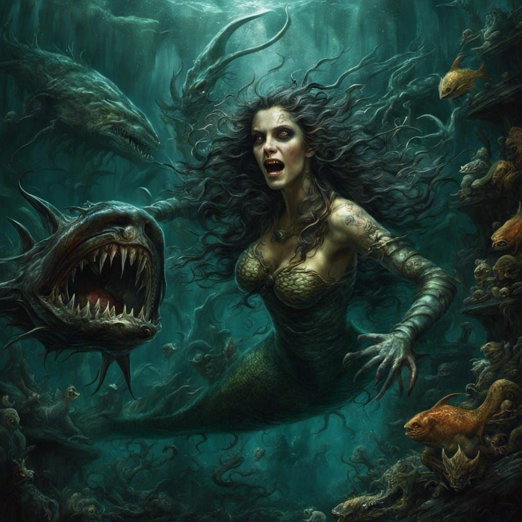 Terrifying Evil Mermaid in Sinister Underwater Horror