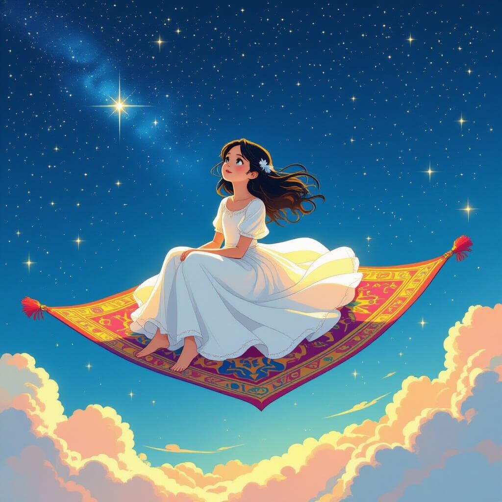 Girl on Magic Carpet Flying in Starry Night