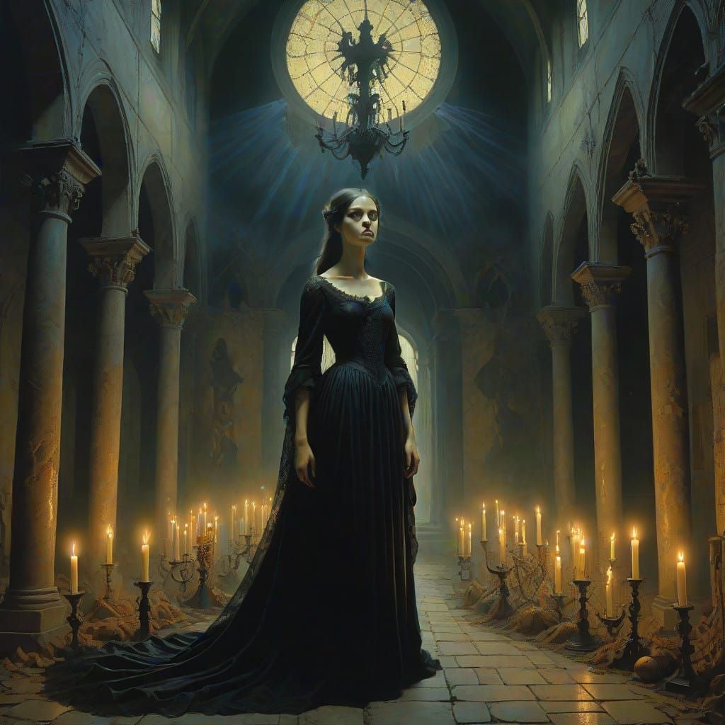 Surreal Woman in Abandoned Chapel, Dimly Lit by Moonlight