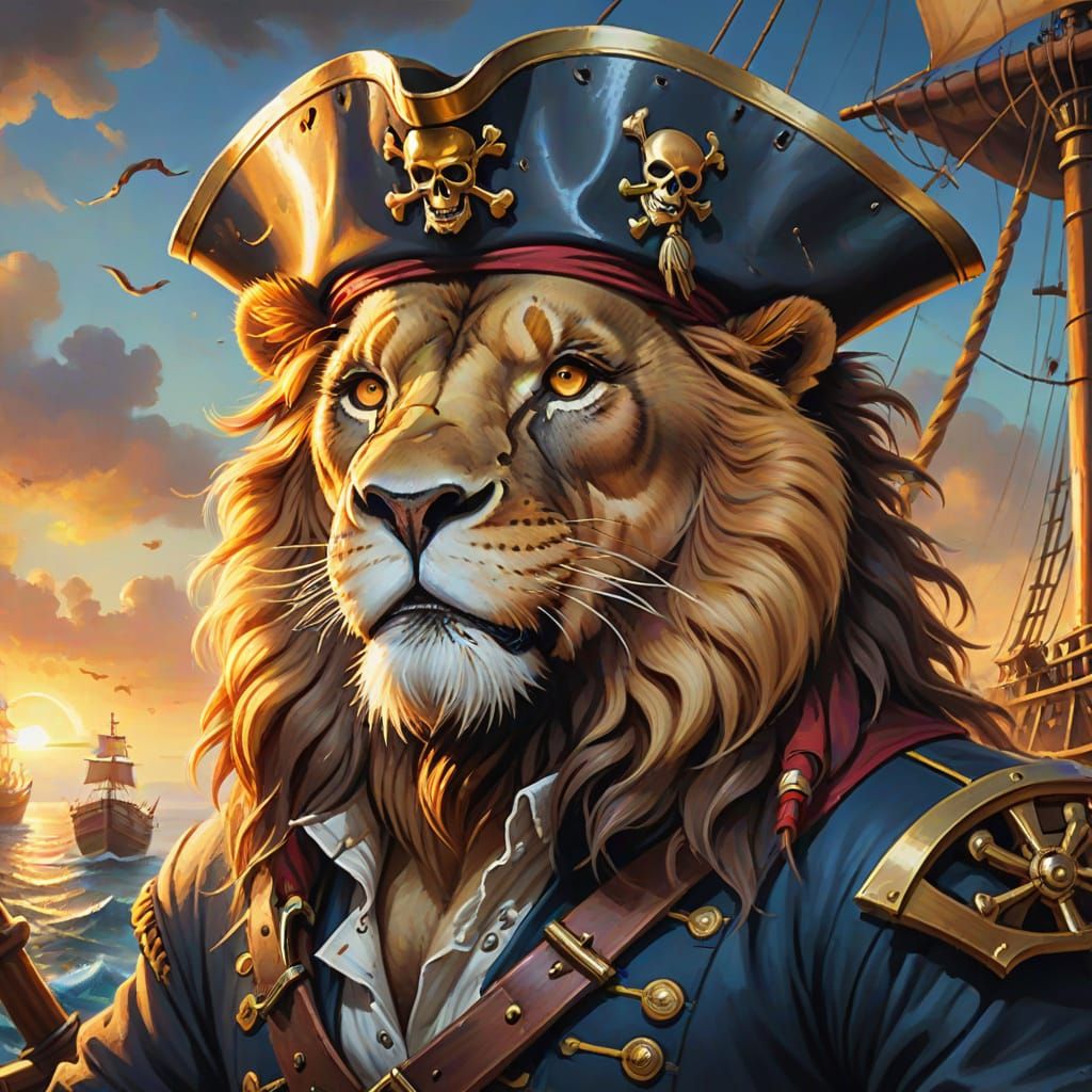 Lion Pirate Captain Steers Ship in Oil Painting Style