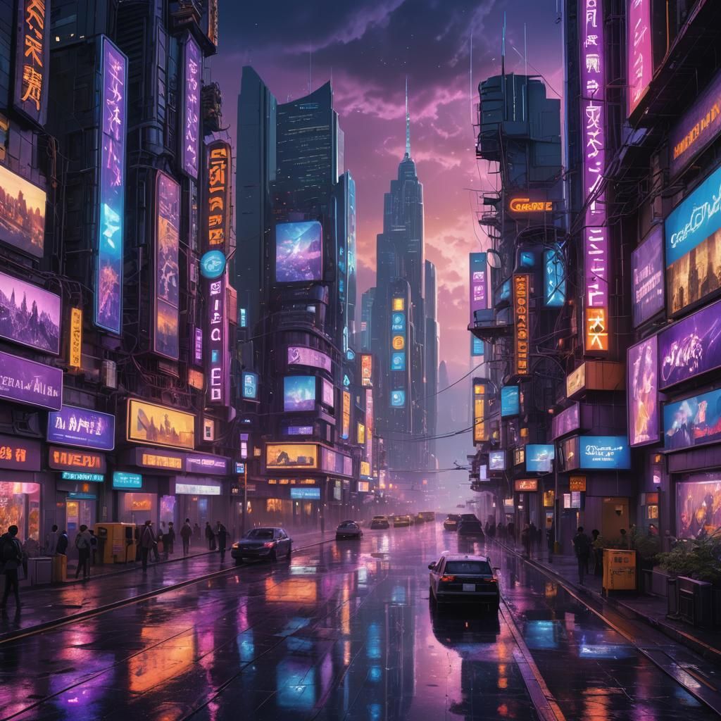Futuristic Cityscape with Neon Lights and Holographic Signs