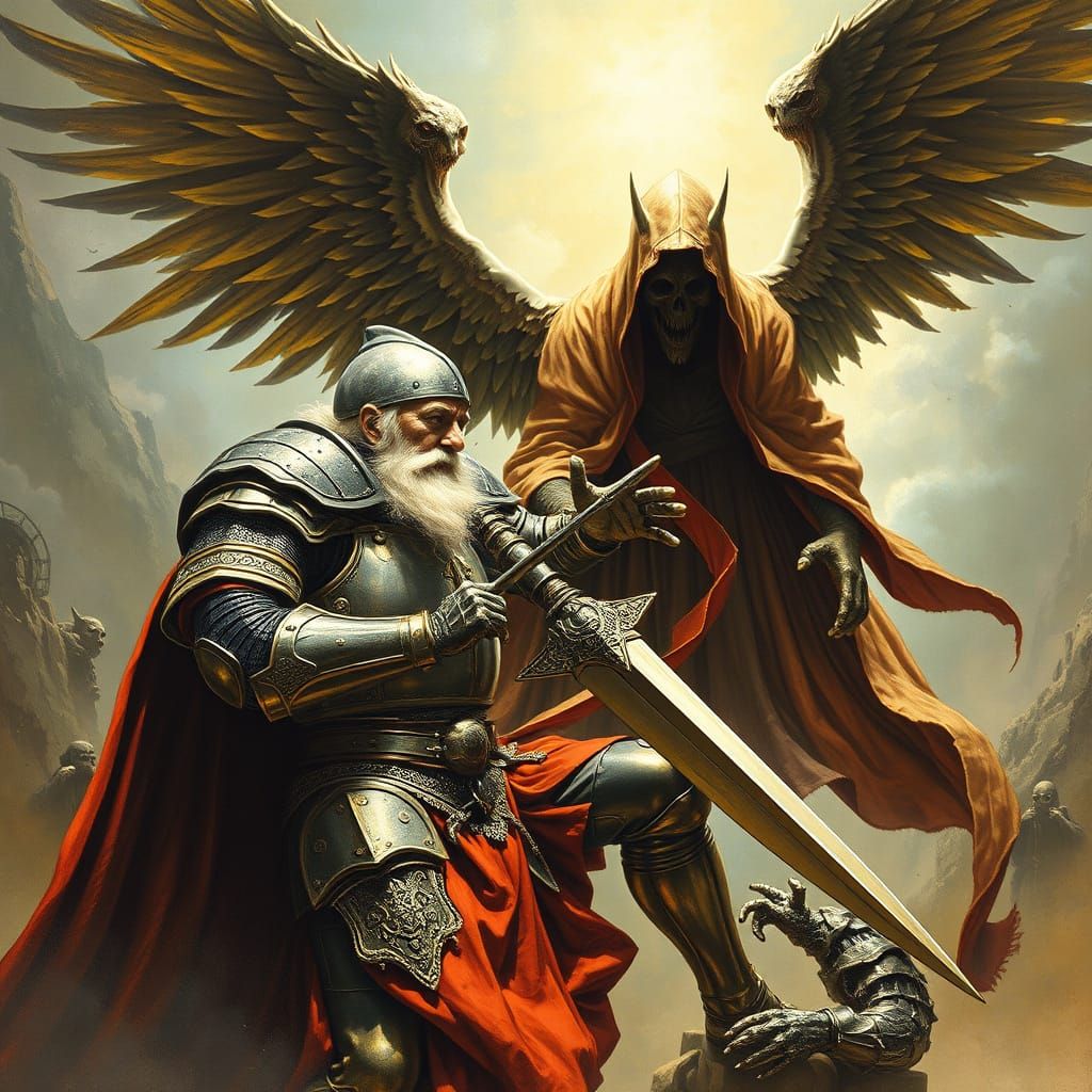 Knight Defeats Angel of Death in Dark Fantasy Style