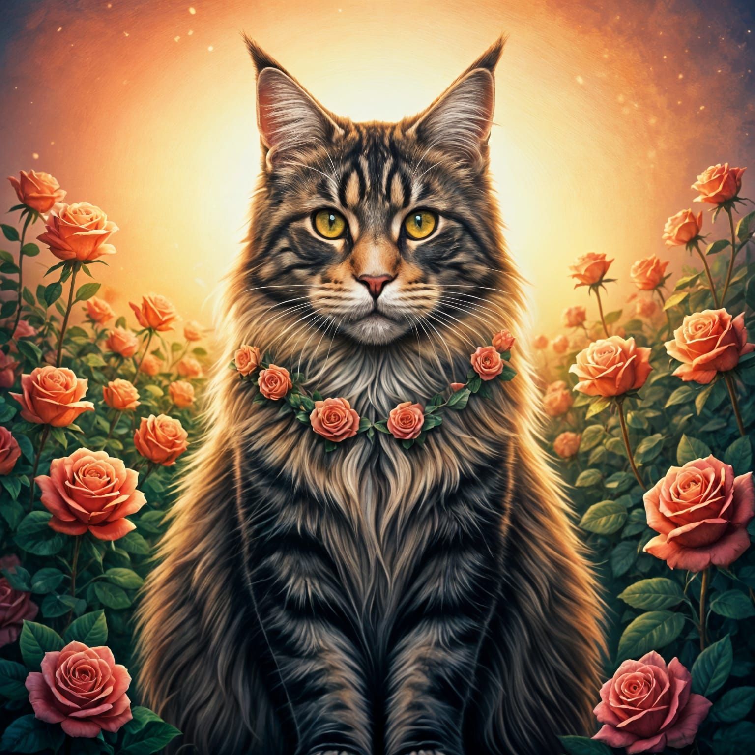 Majestic Maine Coon in Roses: Maximalist Oil Painting