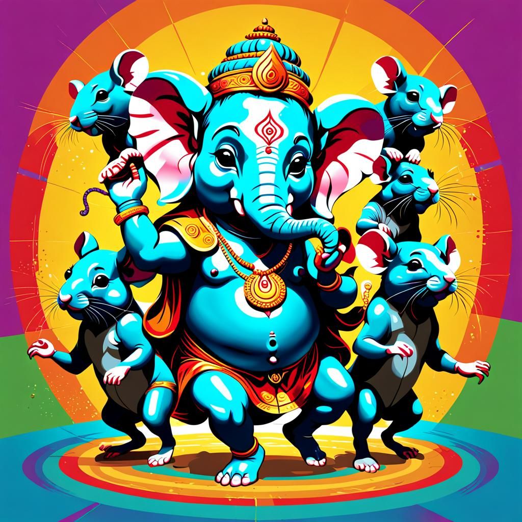 Ganesha Dancing with Rats in Pop Art Style