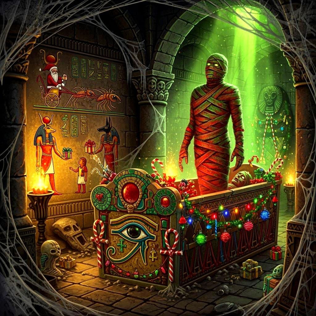 Mummy Awakens Amidst Spooky Christmas Crypt