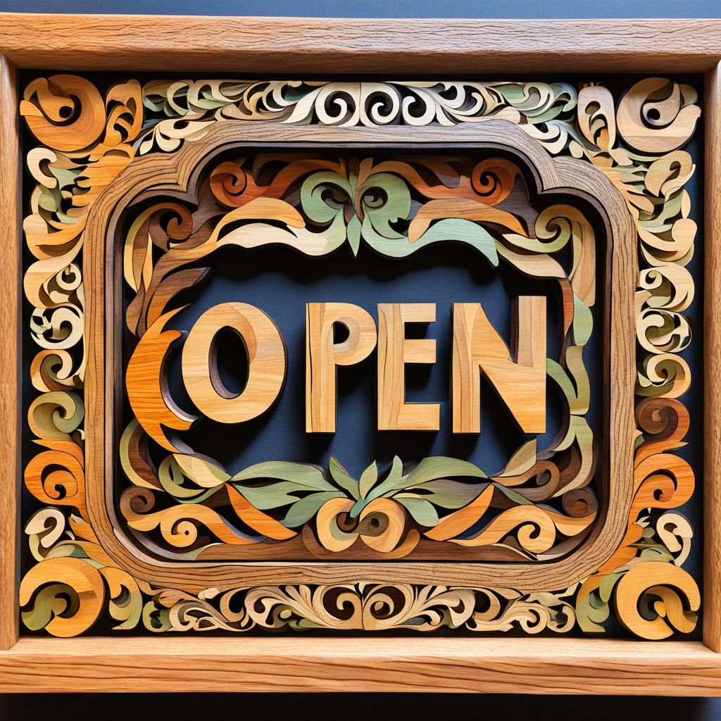 Marquetry Word Art Sign Saying "OPEN"
