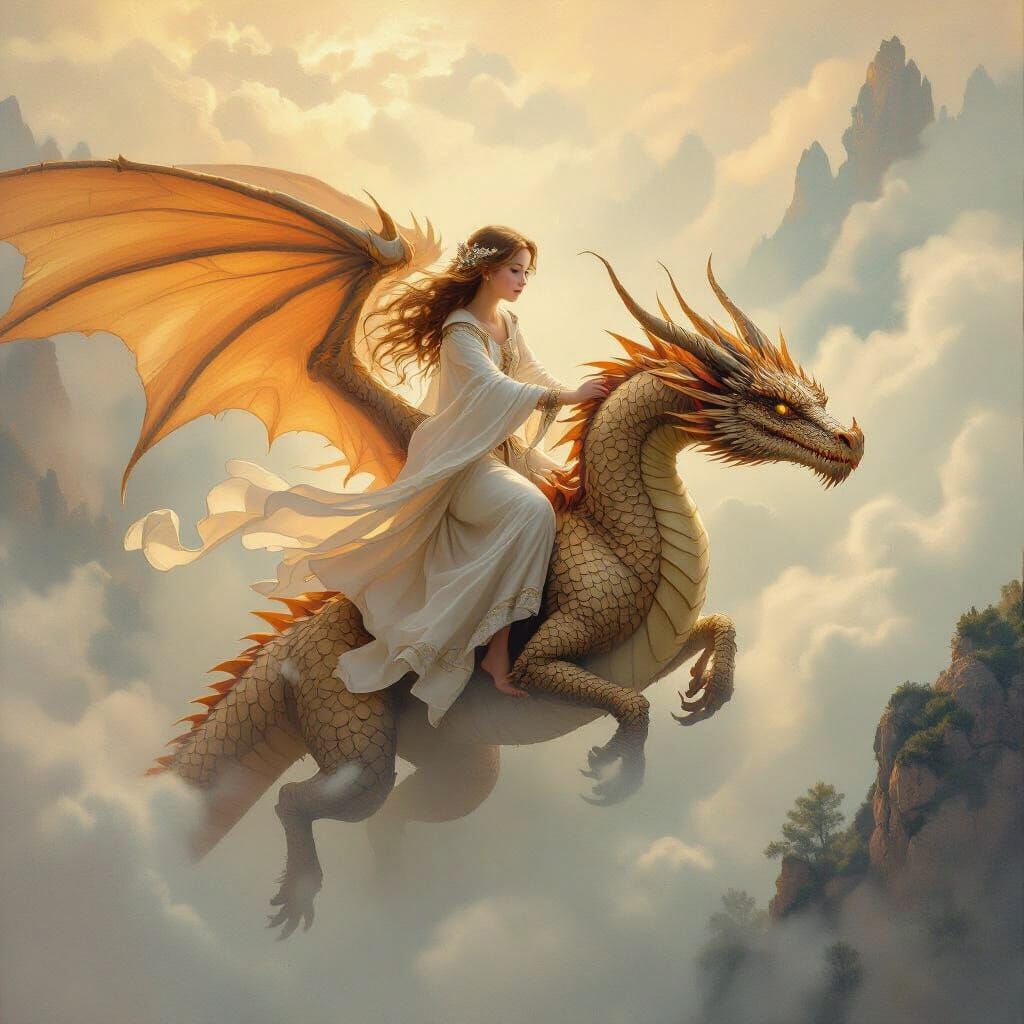 Girl on Dragon Soaring Through Ethereal Mist