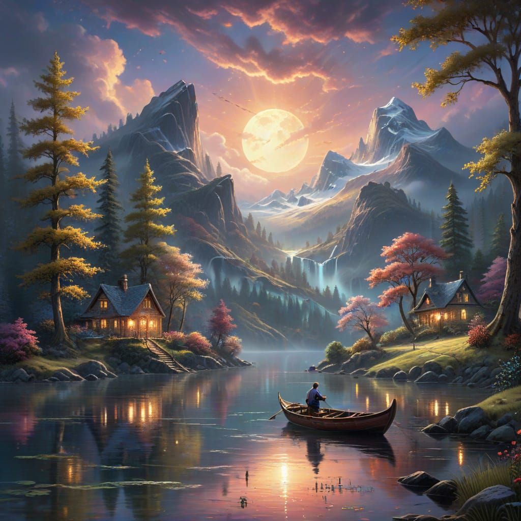 Enchanted Lake Oasis in Vibrant Oil Painting