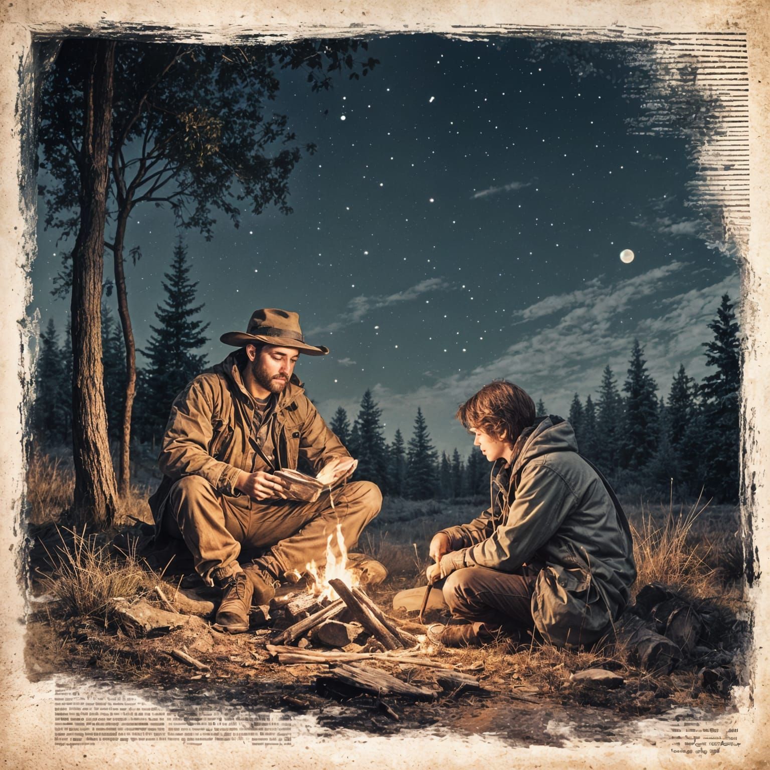 Traveler Resting by Campfire Under Starlit Sky