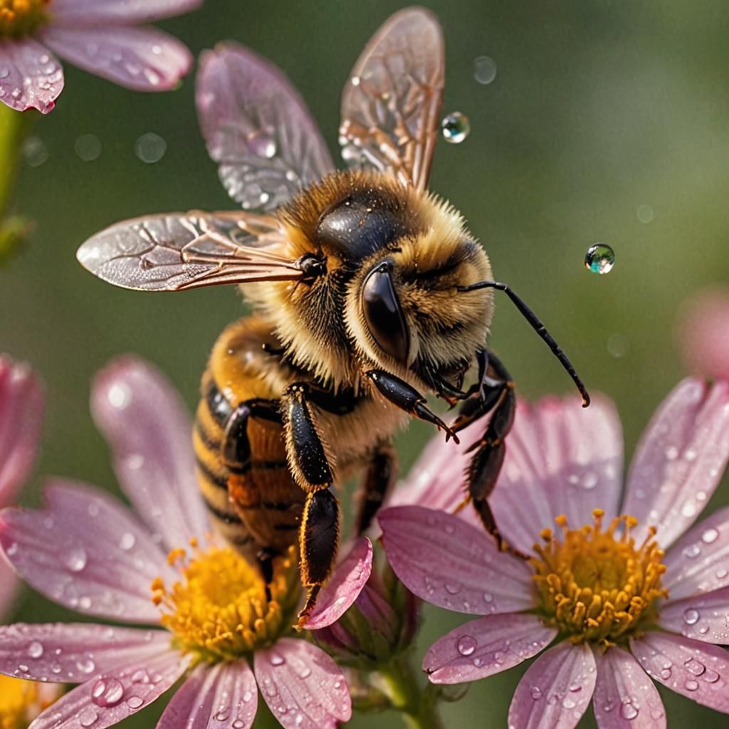 Macro Bee on Flower Reflecting Morning Light