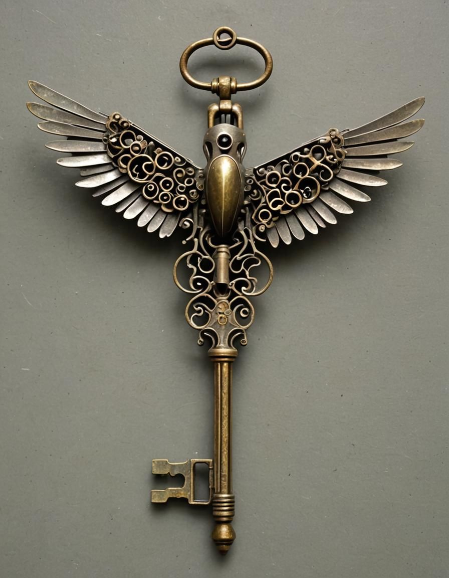 Vintage Key Bird Sculpture with Open Wings