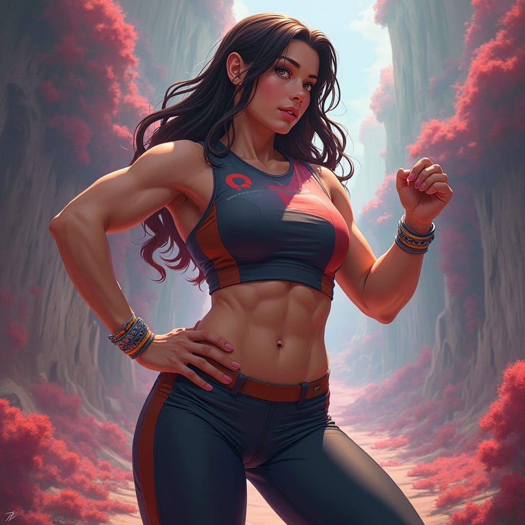 Powerful Woman with Six-Pack in Matte Painting Style