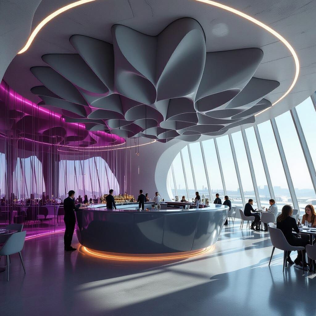 Futuristic Restaurant with Magenta String Walls
