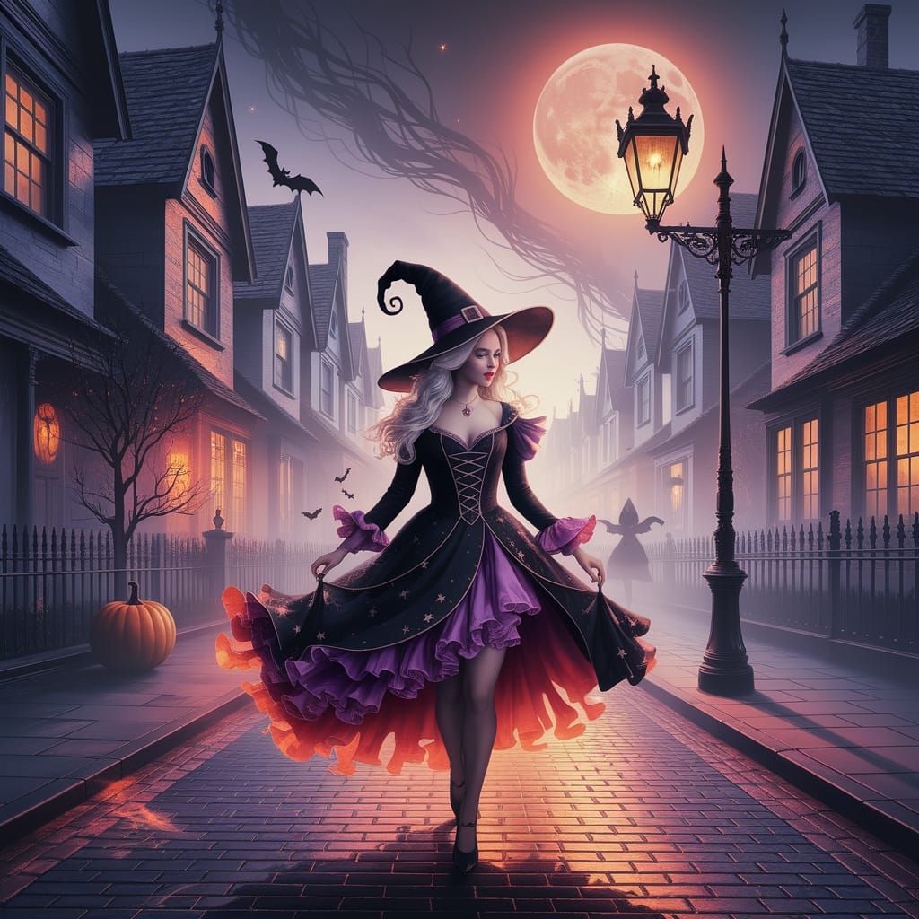 Sabrina Spellman Trick-or-Treating on Foggy Halloween Street