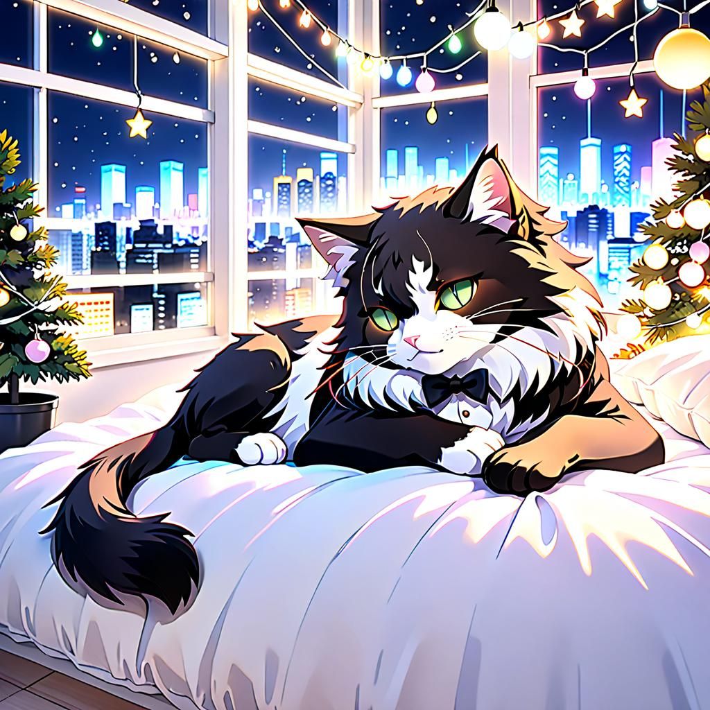 Cute Anime Cat in Tokyo Bedroom