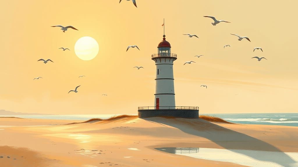 Lighthouse on Beach in Monet-Inspired Impressionism