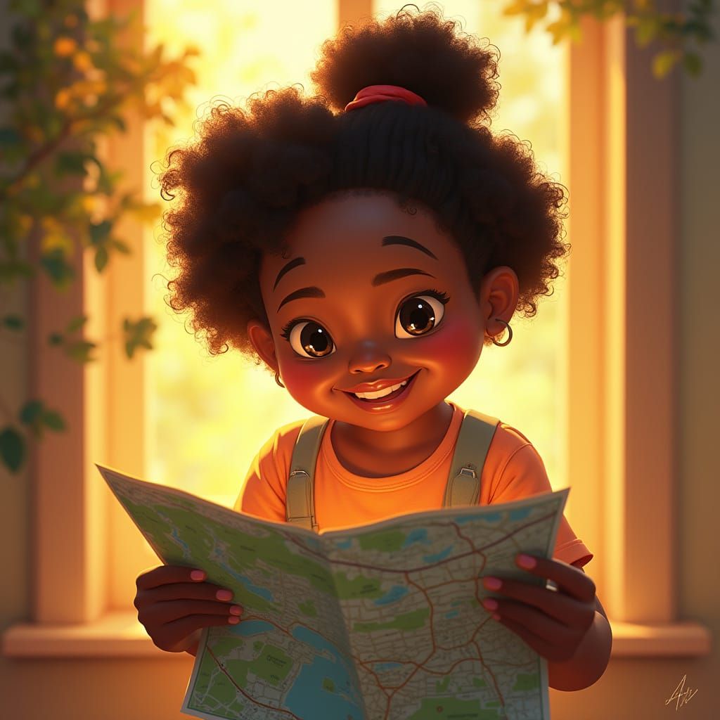 Vibrant Black Teen Girl Reads Map with Dad in Warm, Golden L...