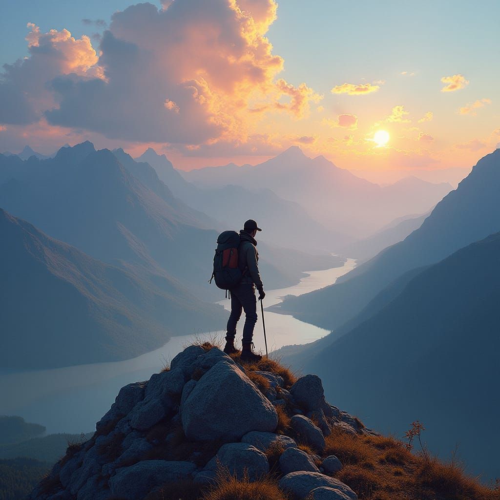 Hiker at Mountain Summit in Romantic Landscape Style