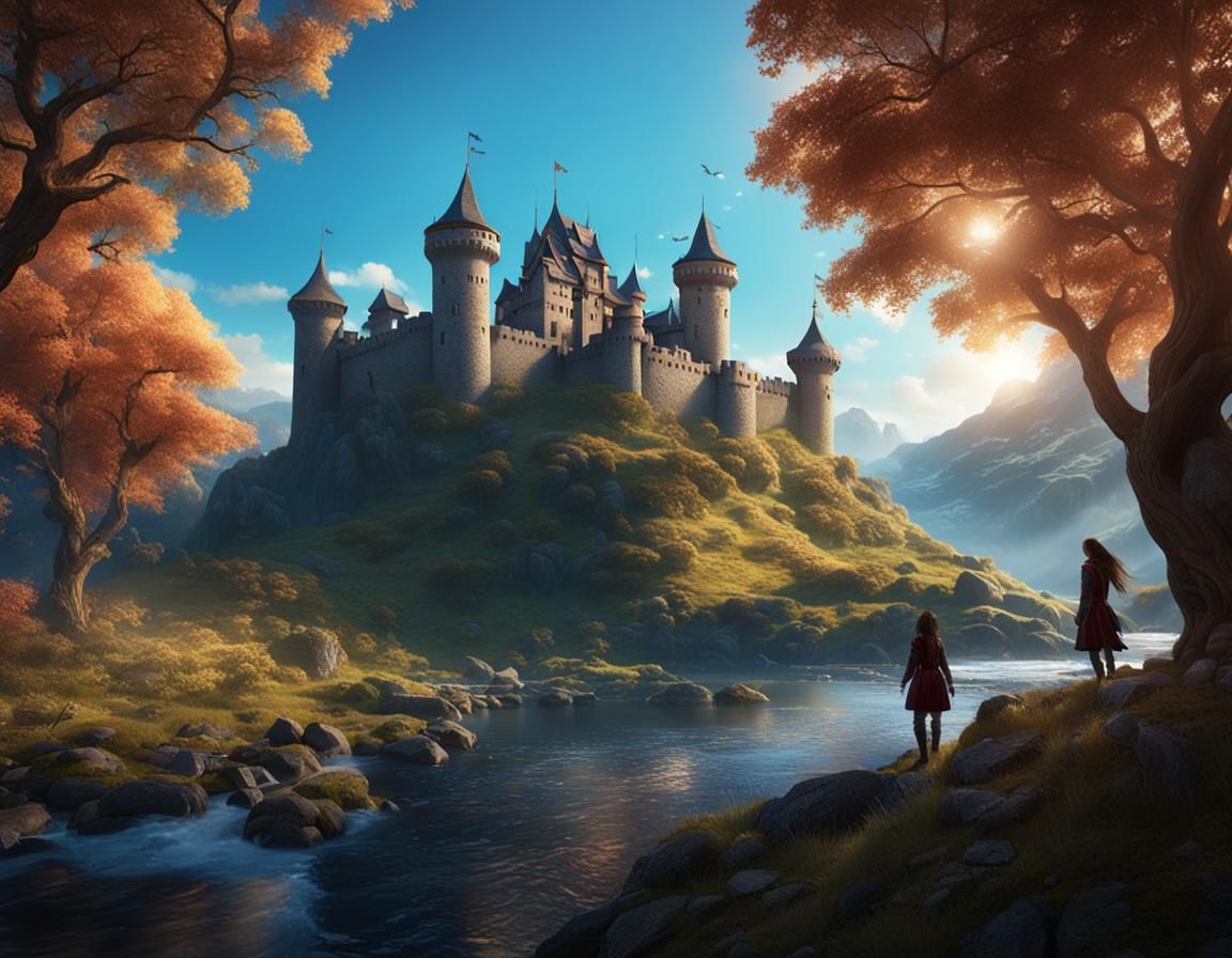 Fantasy Castle with Lake and Girls: Digital Art