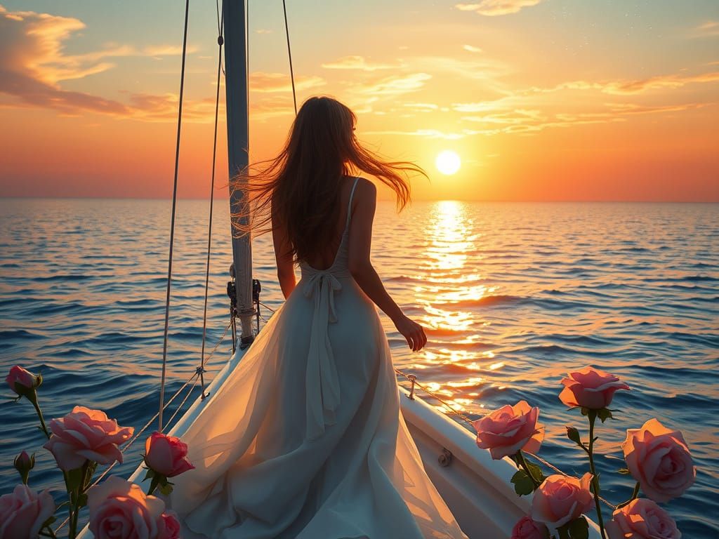 Woman on Sailboat at Sunset in Dreamlike Scene