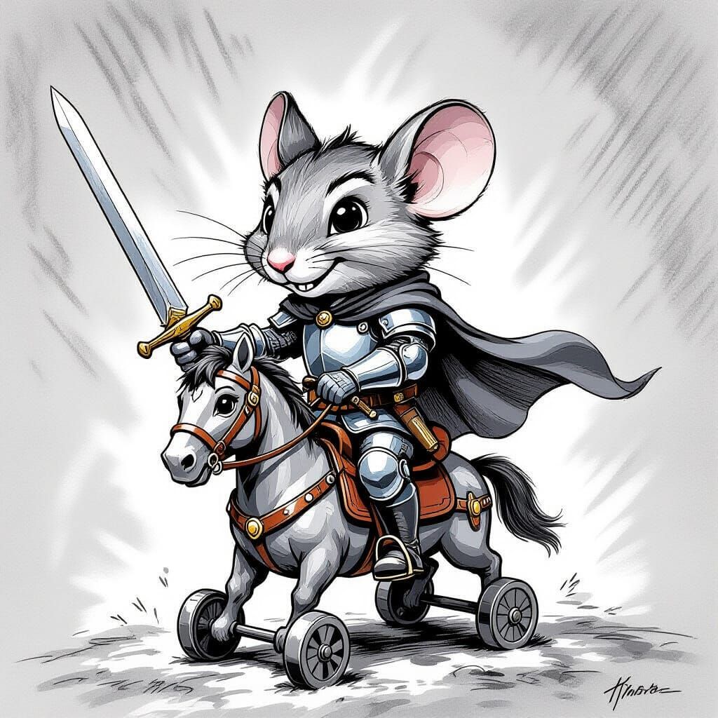 Finn the Mouse Knight Rides a Toy Horse in Charcoal Caricatu...