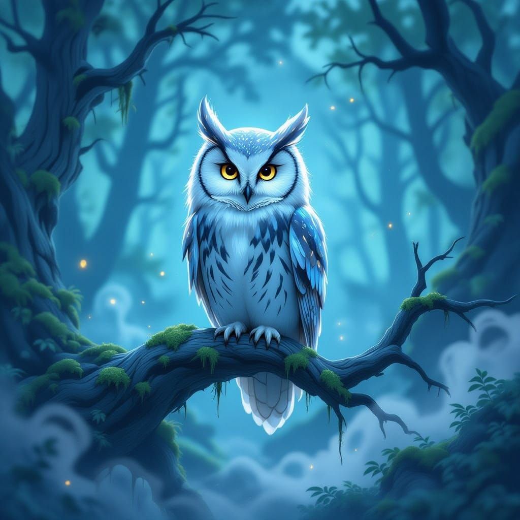 Ancient Owl with Luminescent Feathers in Twilight Forest