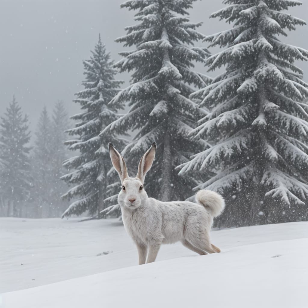 Snowshoe Hare in Winter Landscape, Digital Art