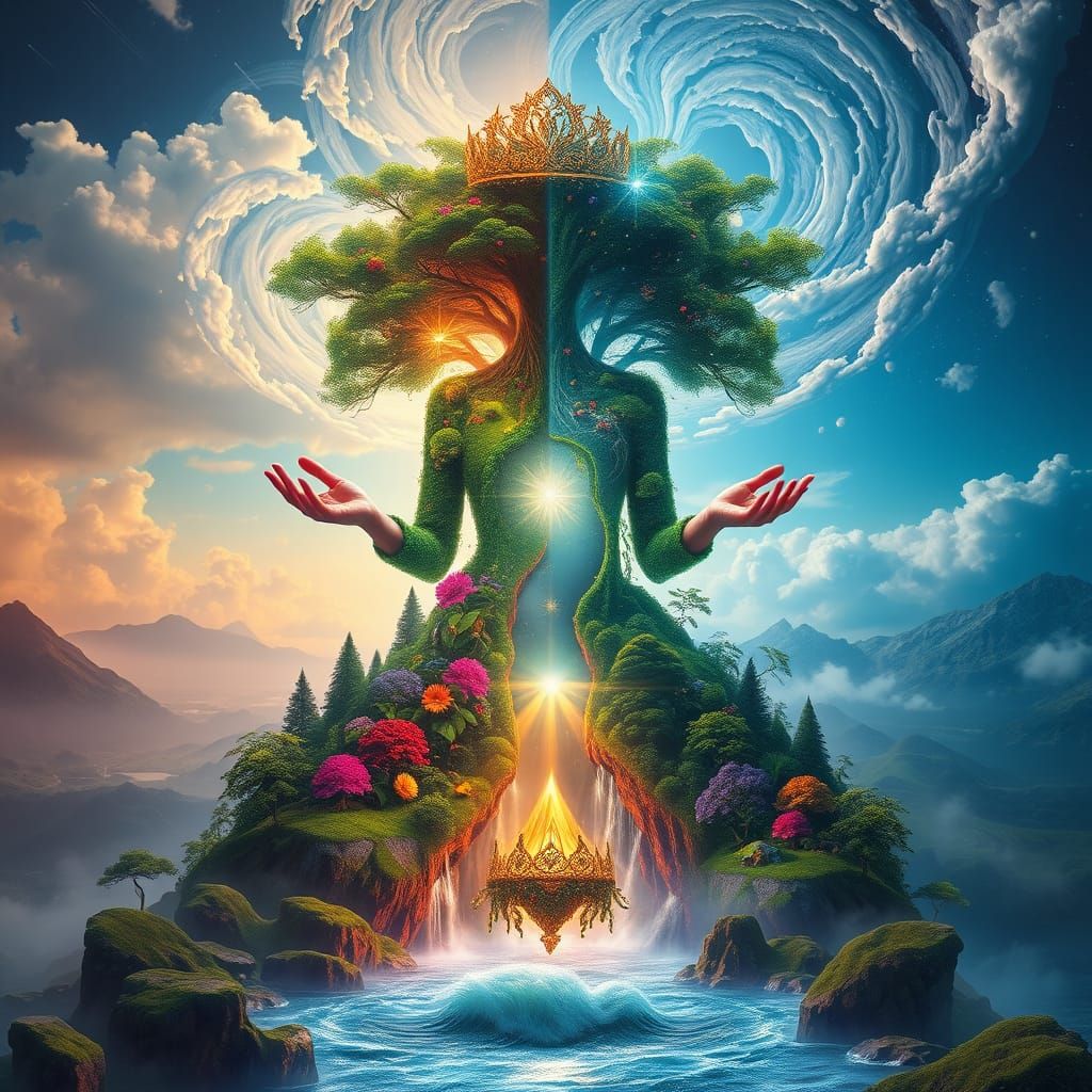 Serene Princess in Vibrant Fantasy Realm with Ethereal Duali...