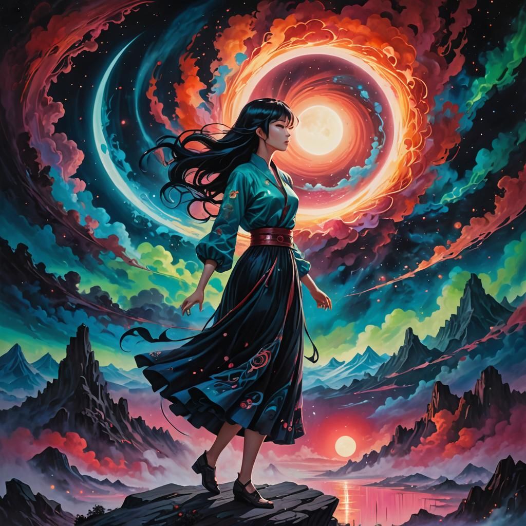 Ethereal Anime Woman Under Alien Aurora