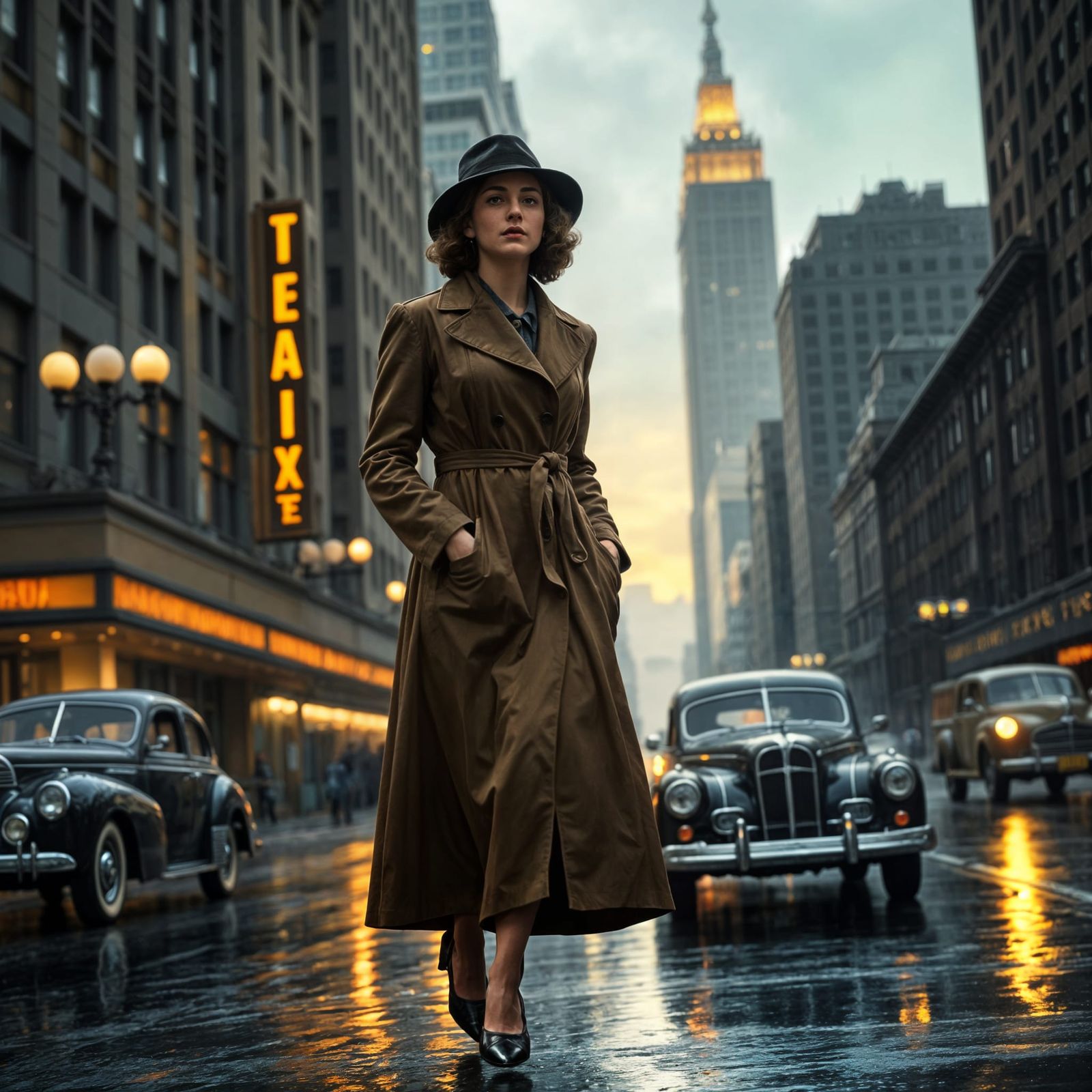 1940s Woman Walks Rainy City Street, Digital Matte Painting