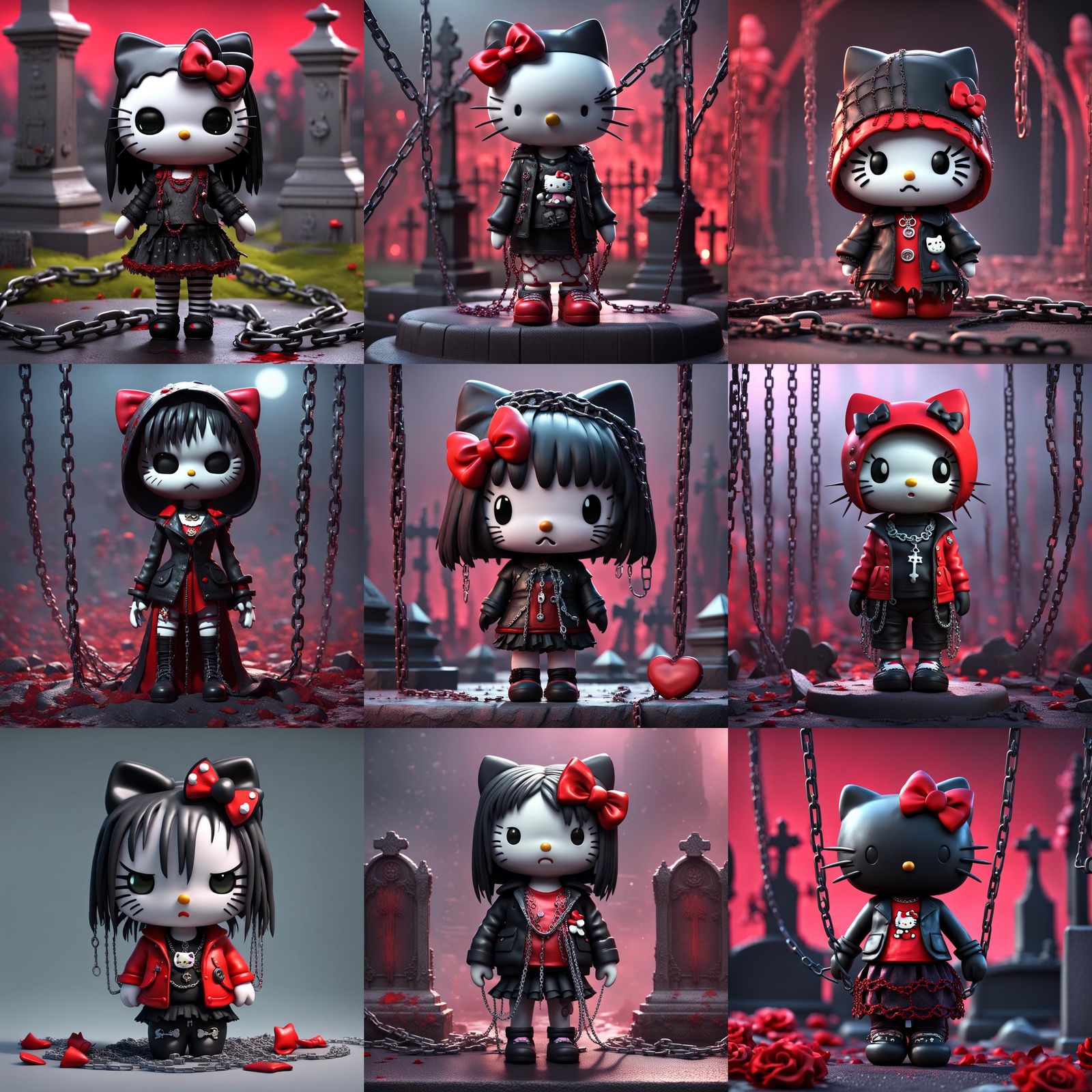 Gloomy Goth Hello Kitty Crying in Graveyard: 3D Art