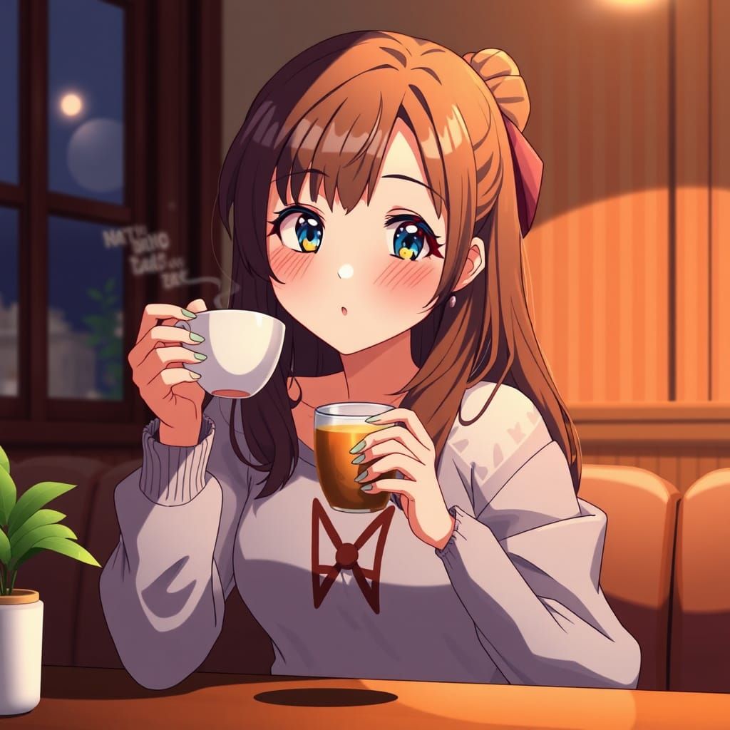 Anime Girl Drinking Tea in Cel-Shaded Style