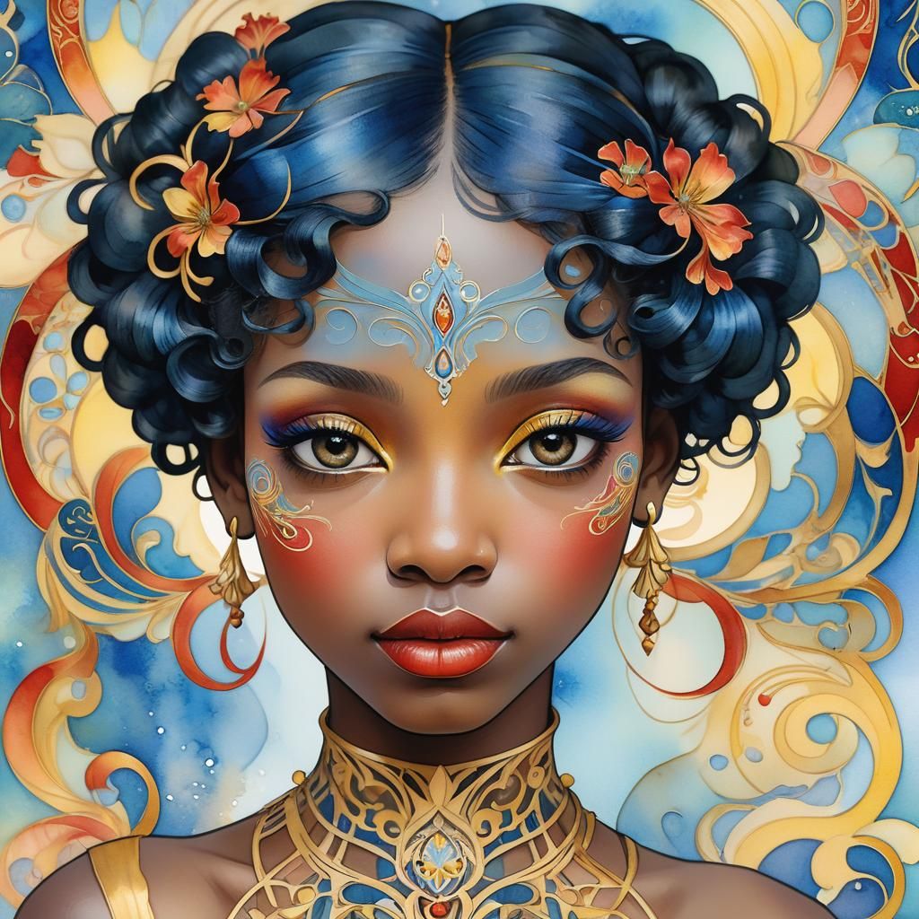 Art Nouveau Portrait of Girl in Watercolor Style