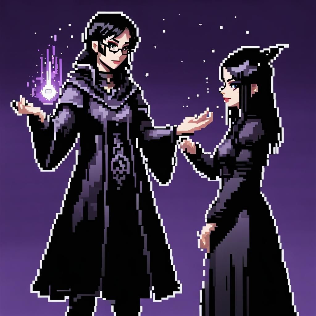 8-bit Cleric Confronts Modern Goth in Pixelated Scene