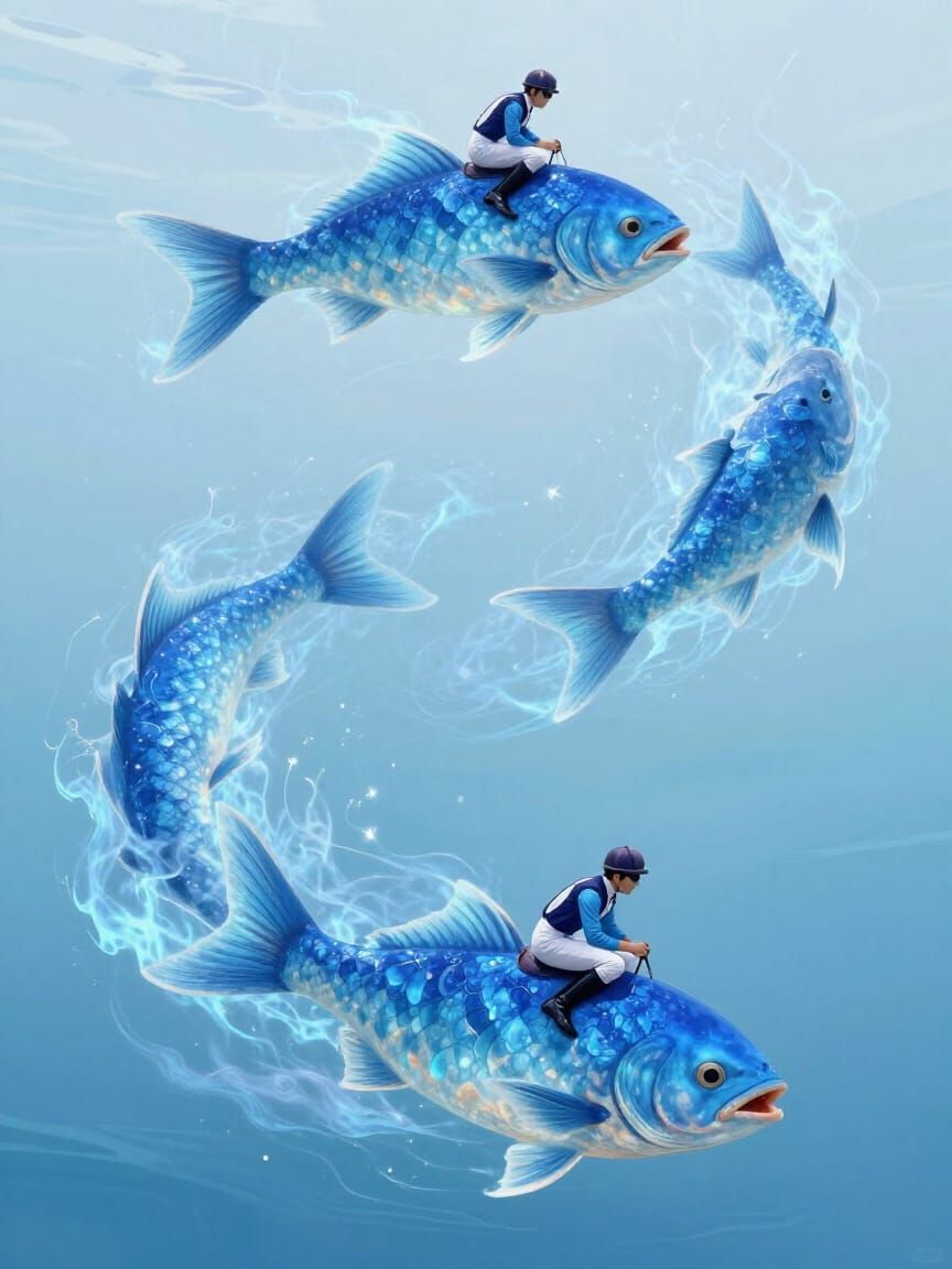 Azure Reverie in style Surrealism with Racing Fish