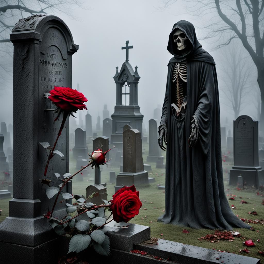 Grim Reaper in Foggy Cemetery with Red Rose