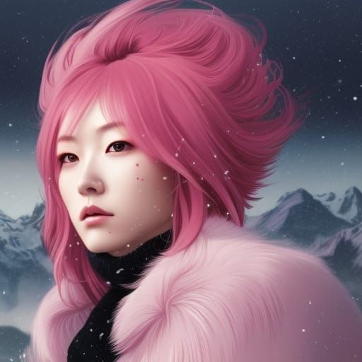 Pink-Haired Girl on Snowy Mountain, Detailed Portrait