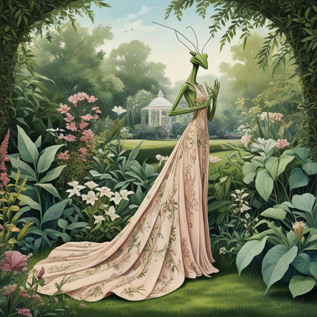 Elegant Praying Mantis in a Garden Evening Gown