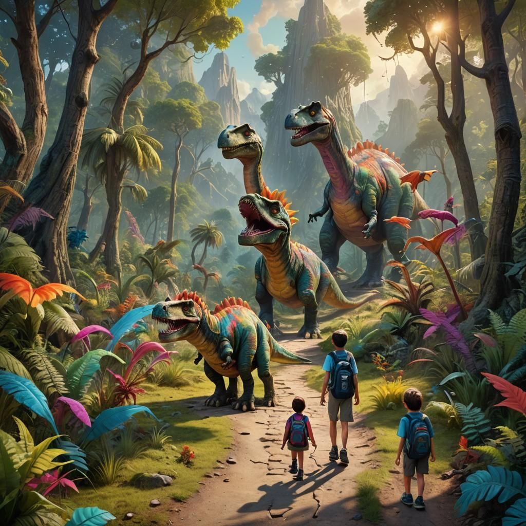 Family Walk Interrupted: Dinosaur in Fantasy Matte Painting