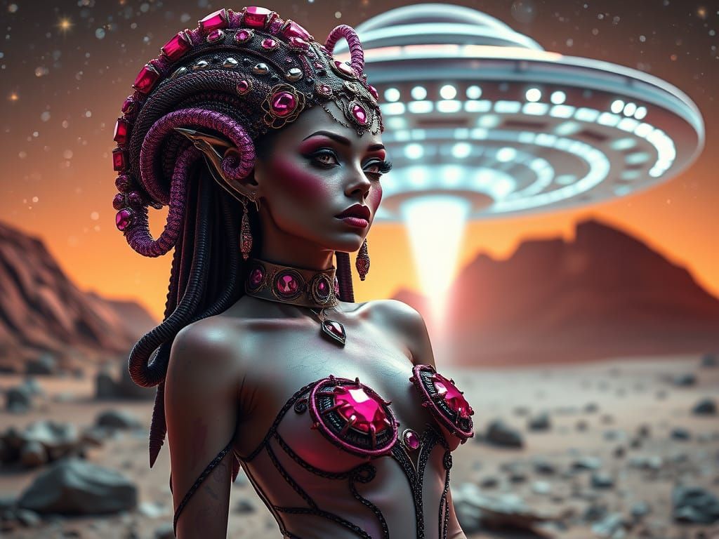 Alien Ruby Woman Posing on Mars in Hyperrealism