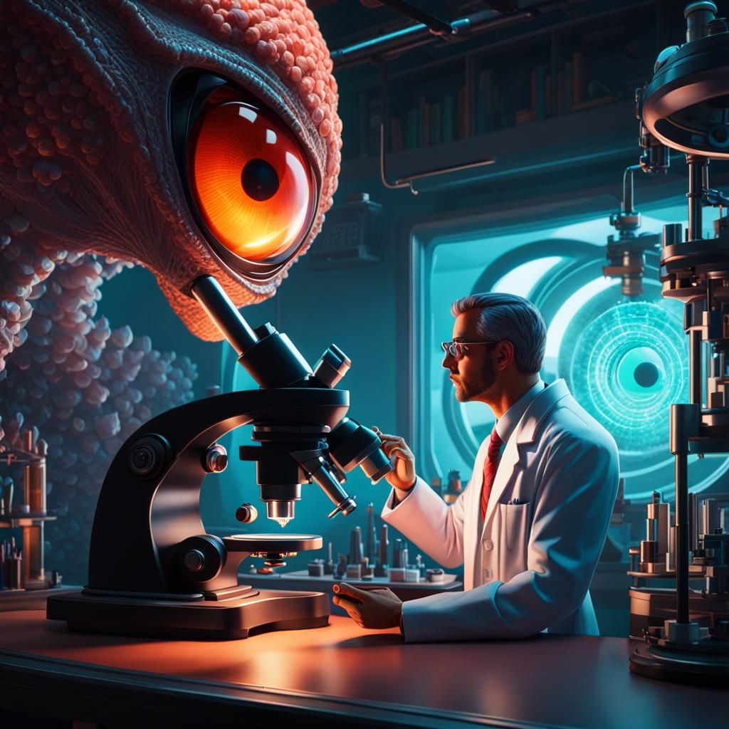 Scientist and Alien Eye in Hyperdetailed 3D Art