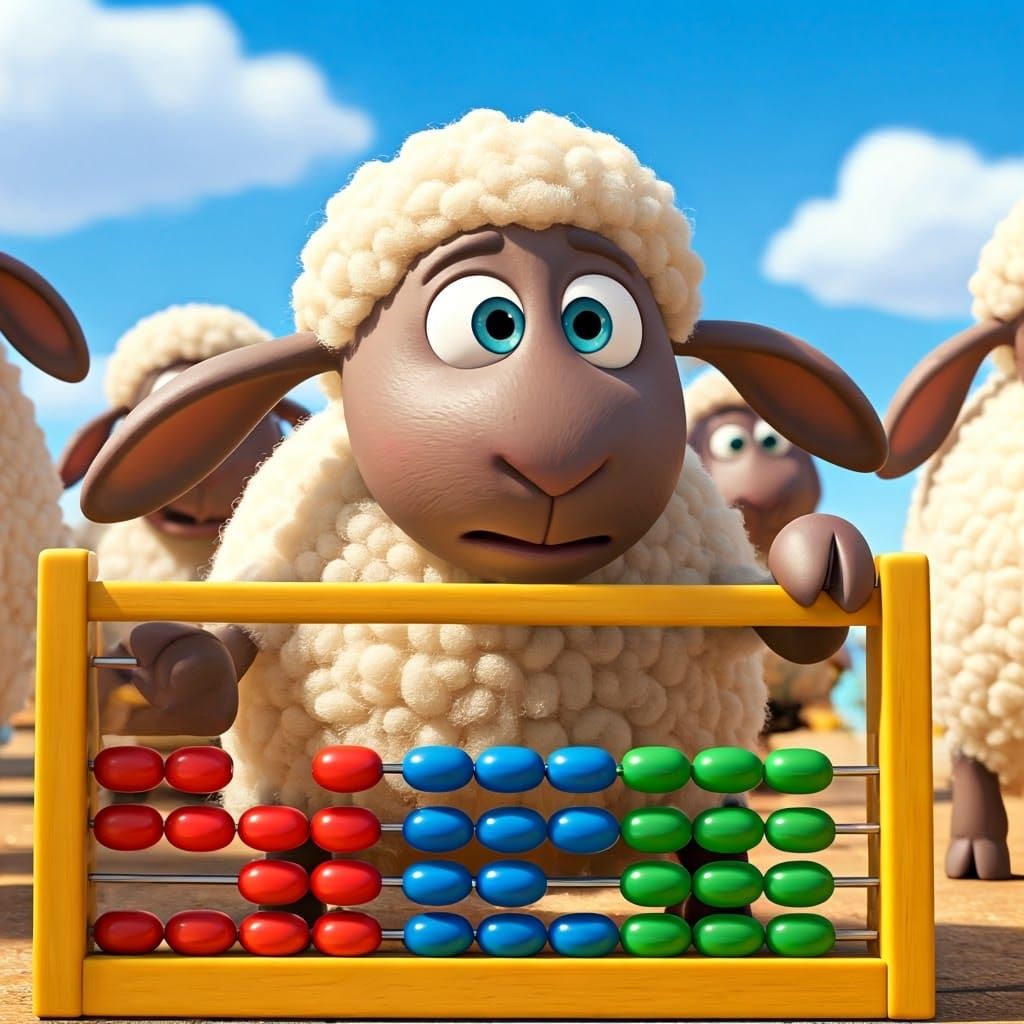 CGI Cartoon Sheep Counting Beads on Abacus